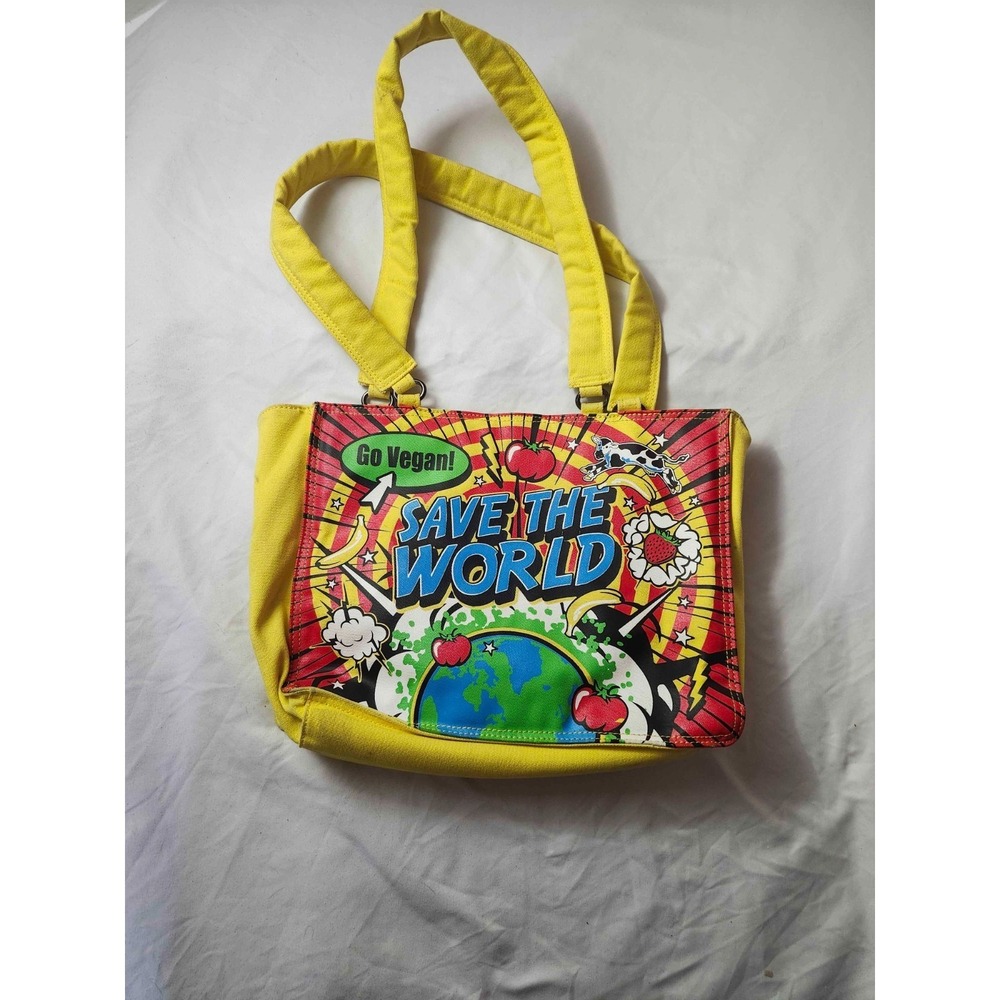 Vintage Pop Art Canvas Tote Bag Go Vegan Save The World Comic Book Style Yellow
